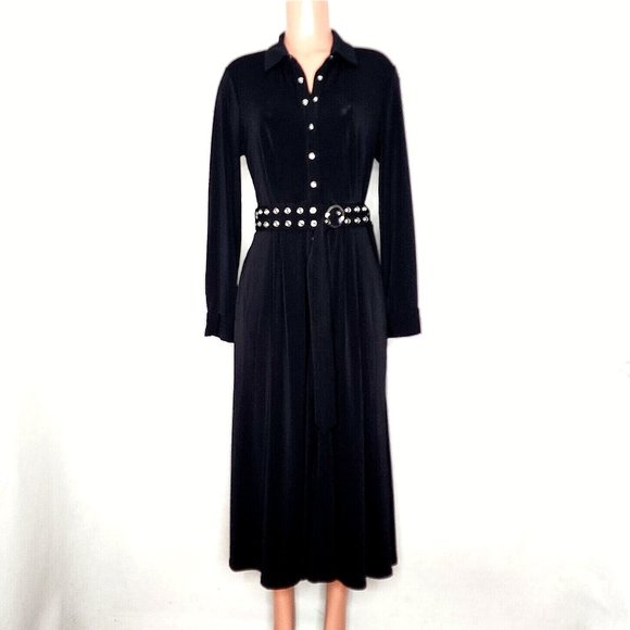 T Tahari Black Midi Shirtdress Jersey Knit Grommet Belt Snaps - Picture 2 of 11